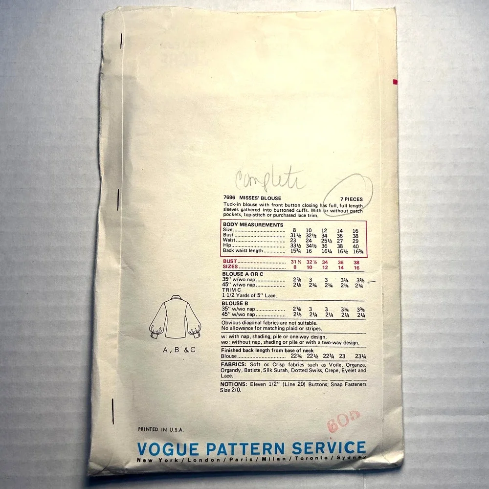 Vogue Vintage‎ 1960's Pattern #7686 Misses Blouse Size 16